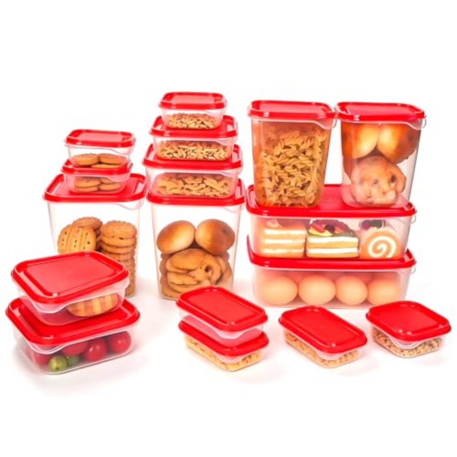 Food Storage Containers Set - 17-delige plastic voedselbewaarset, rode geventileerde deksels