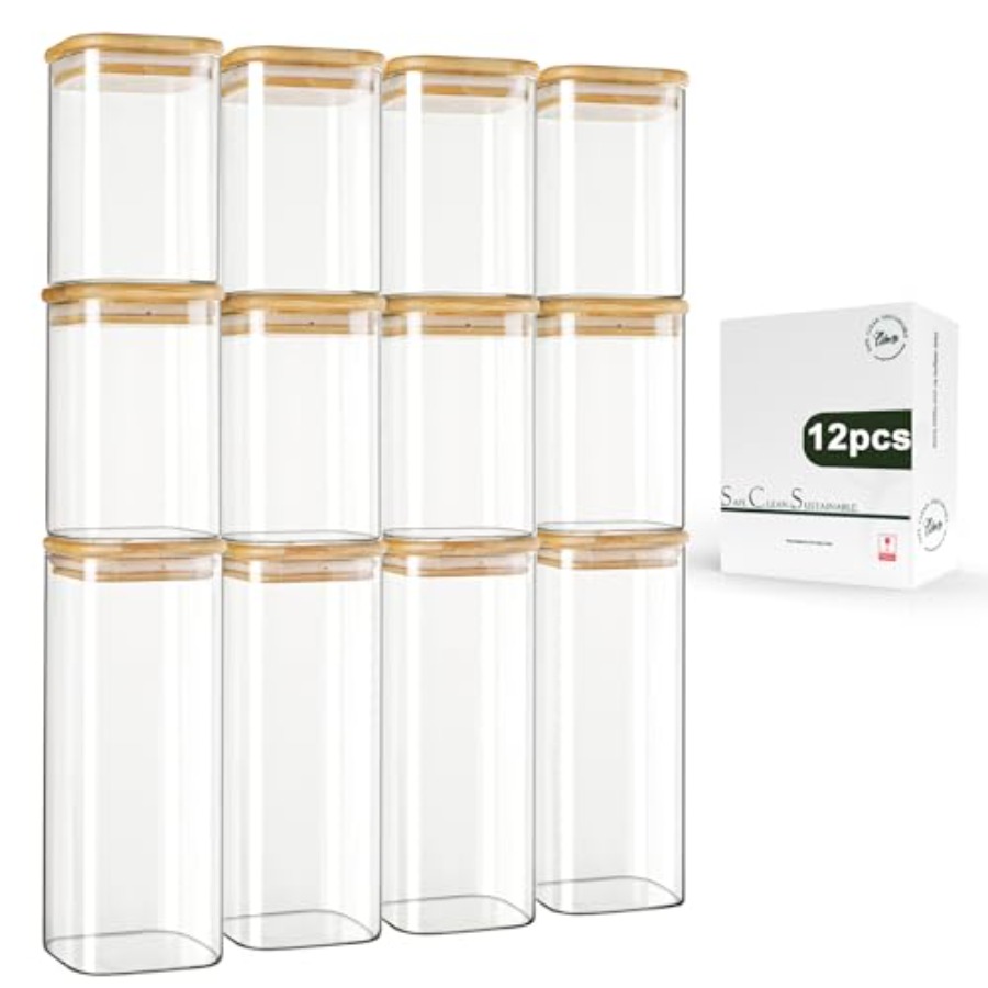 Food Storage Lid - 12-pack vierkante glazen voorraadpotten met bamboe