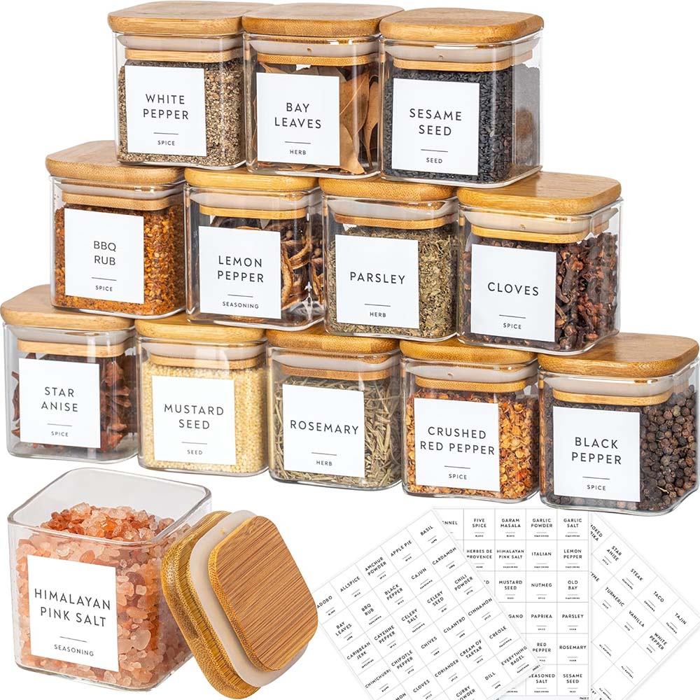 Food Storage Glass Set - 5Oz Glazen Potten Met Kruidenetiketten, Vierkante