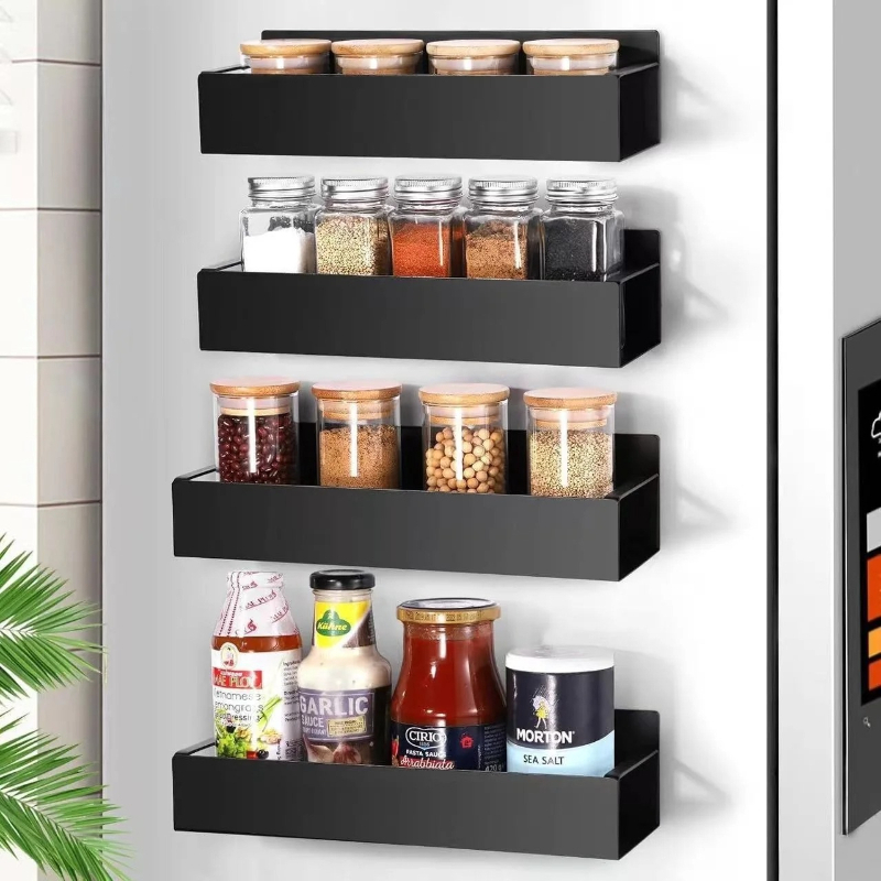 Food Storage Rack For Kitchen - 2-delige zwarte magnetische kruidenrek voor koelkast,