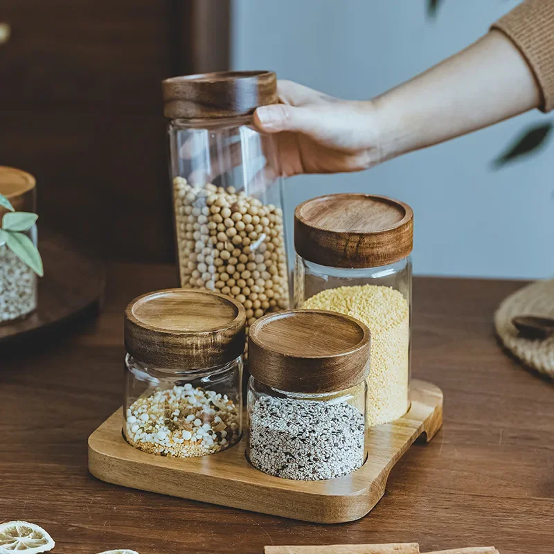 Food Storage Glass Set - Houten Deksel Orgnizer Glas Luchtdichte Bus