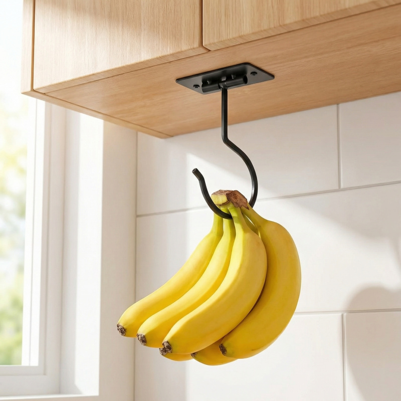 Food Storage Rack For Kitchen - Zwart metalen zelfklevende bananenhaak opvouwbaar opbergrek